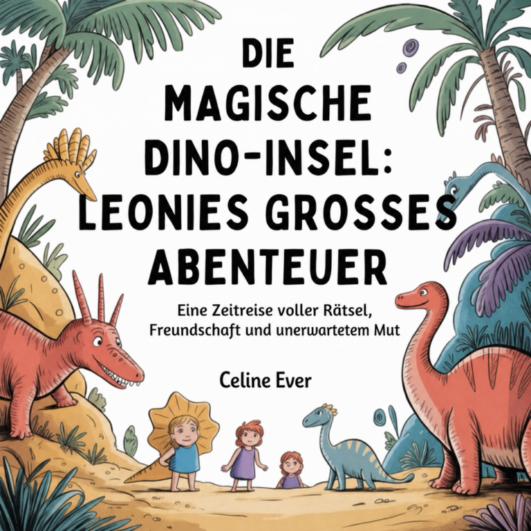 Quadratisches Cover des Kinderhörbuchs „Die magische Dino-Insel: Leonies großes Abenteuer“ von Celine Ever mit Kindern und freundlichen Dinosauriern.